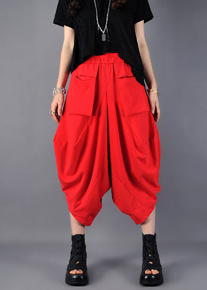 Red Oversized Pockets Cotton Harem Pants Spring