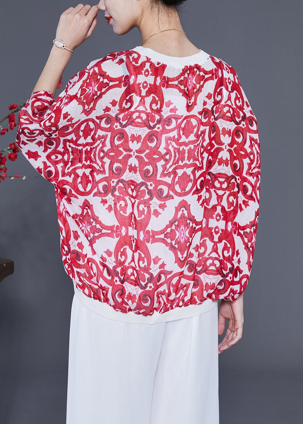 Red Oversized Print Drawstring Cotton Tanks Batwing Sleeve