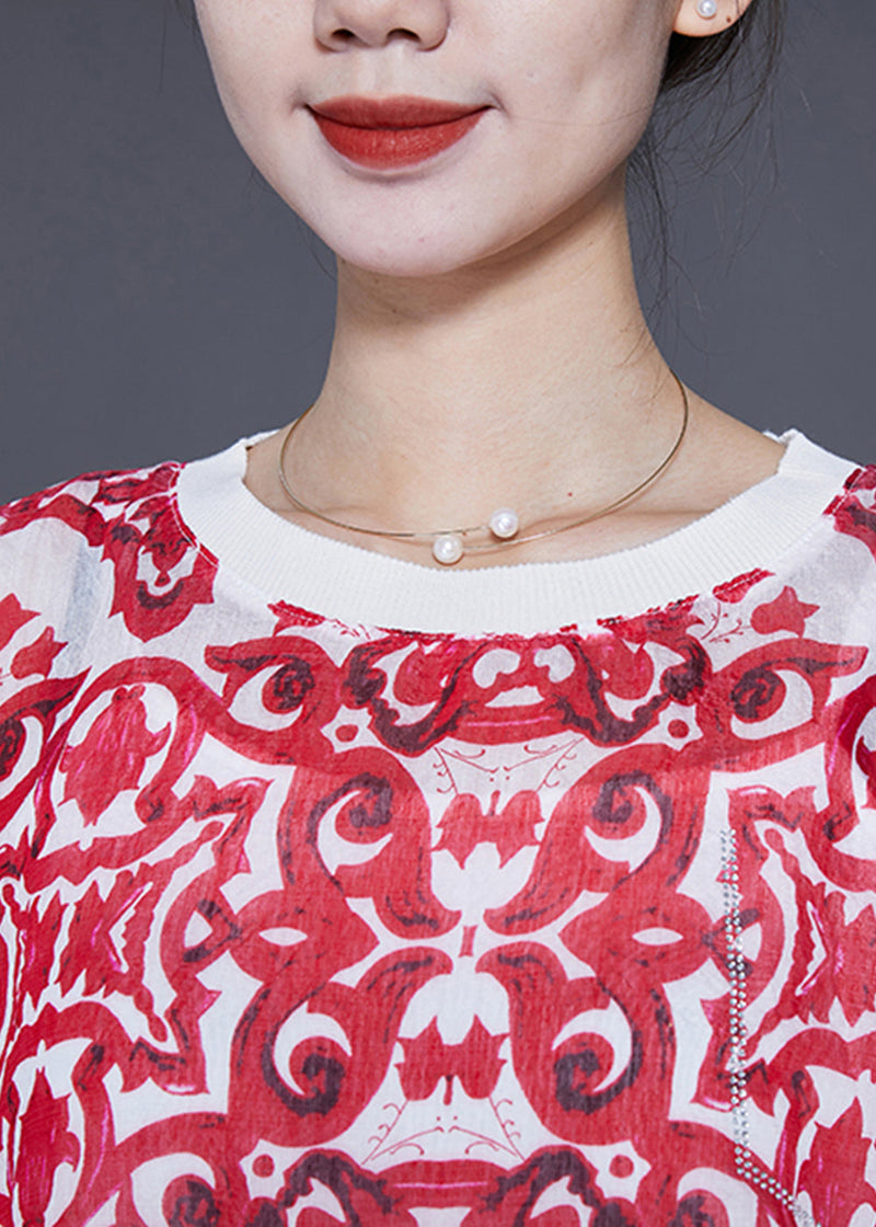 Red Oversized Print Drawstring Cotton Tanks Batwing Sleeve