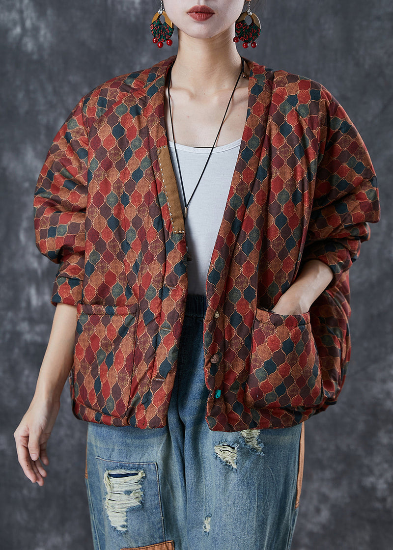 Red Oversized Print Fine Cotton Filled Puffers Jackets Winter