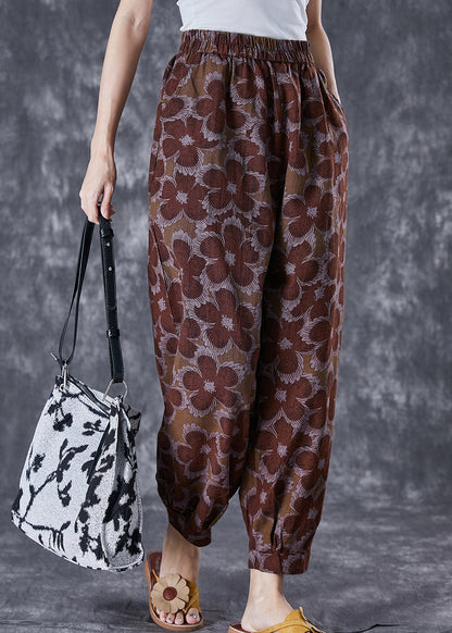 Red Oversized Print Linen Harem Pants Summer