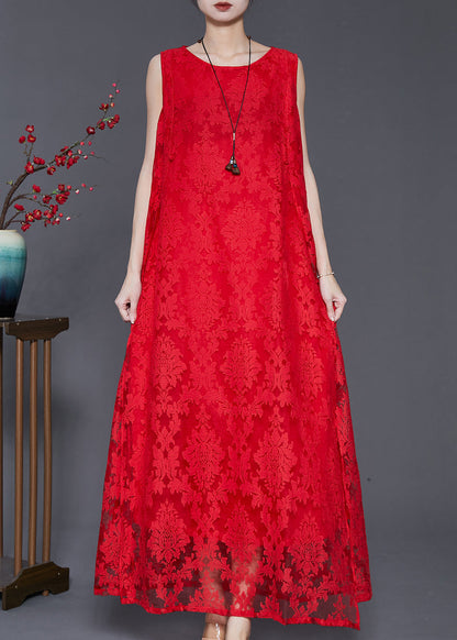 Red Oversized Side Open Lace a Line Dresses Sleeveless