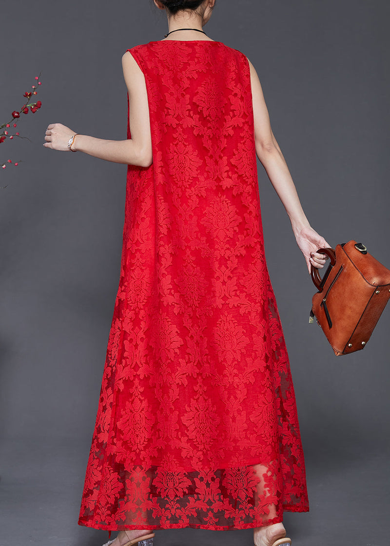 Red Oversized Side Open Lace a Line Dresses Sleeveless