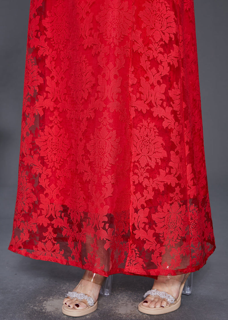 Red Oversized Side Open Lace a Line Dresses Sleeveless