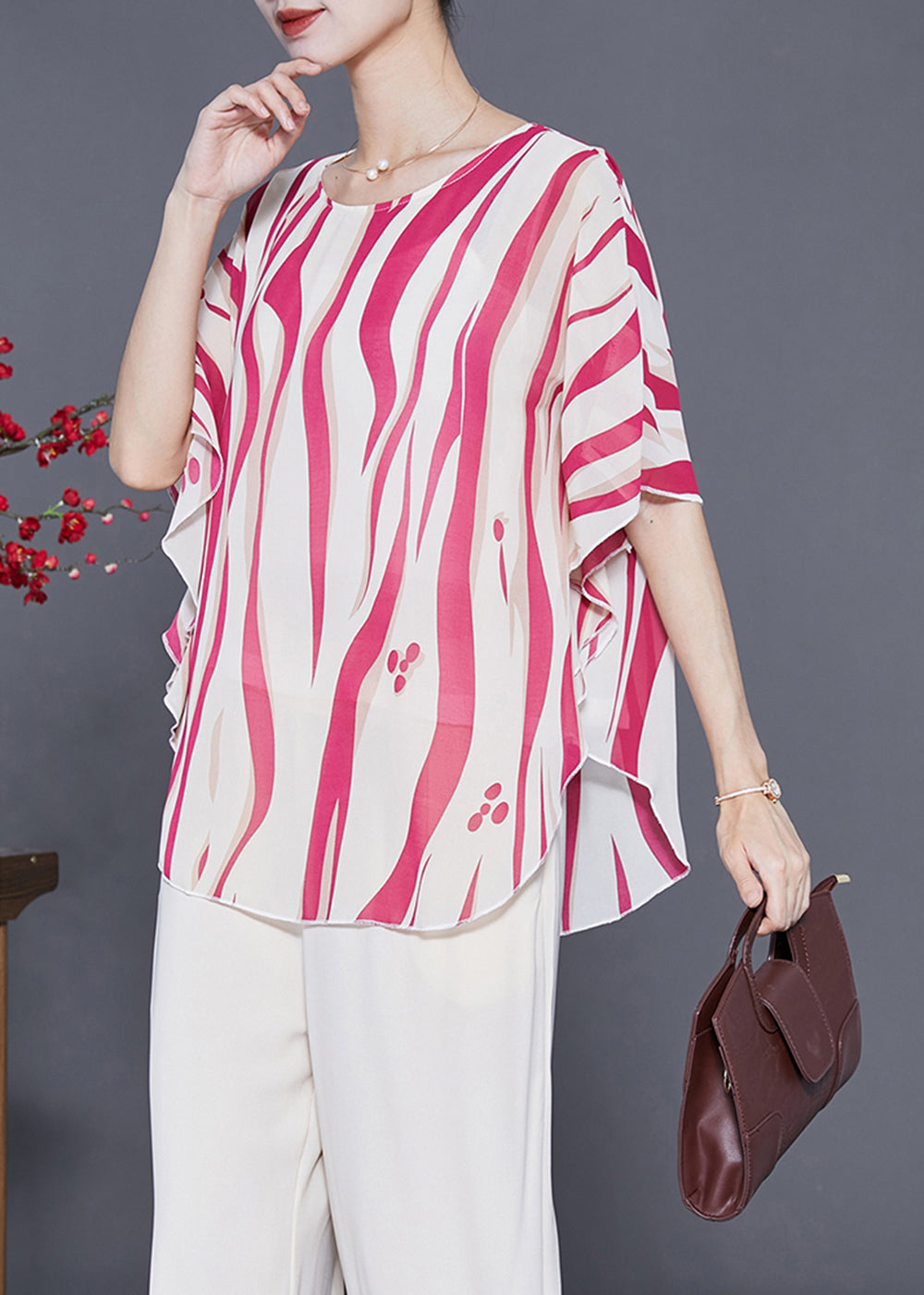 Red Oversized Striped Silk Tank Tops Summer