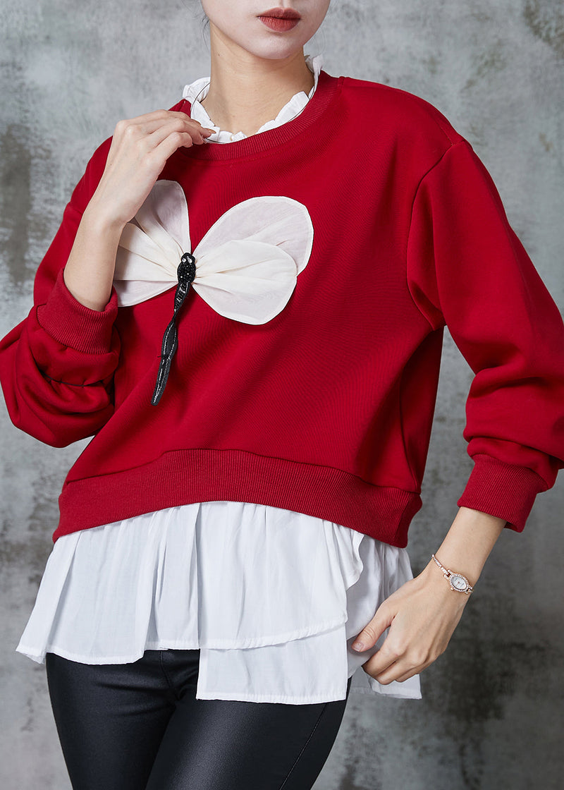 Red Patchwork Dragonfly Cotton Sweatshirts Top Spring