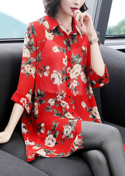 Red Peter Pan Collar Button Print Chiffon Shirt Half Sleeve