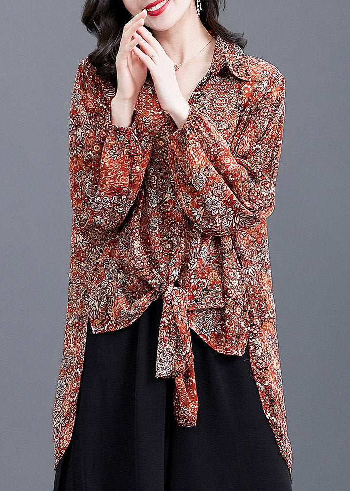 Red Peter Pan Collar Button Print Side Open Chiffon Shirt Tops Long Sleeve