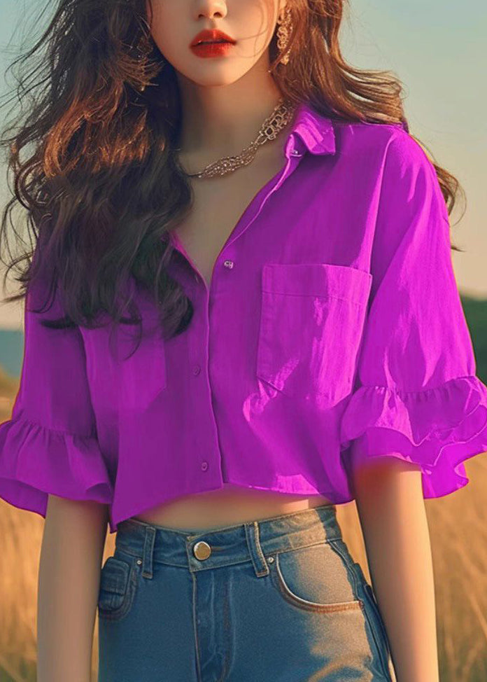 Red Peter Pan Collar Cotton Short Shirts Flare Sleeve