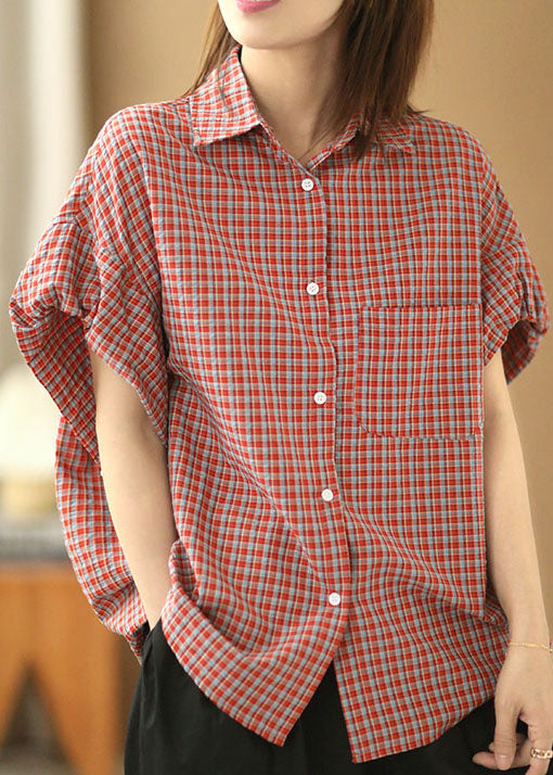 Red Peter Pan Collar Plaid Button Cotton Shirts Lantern Sleeve