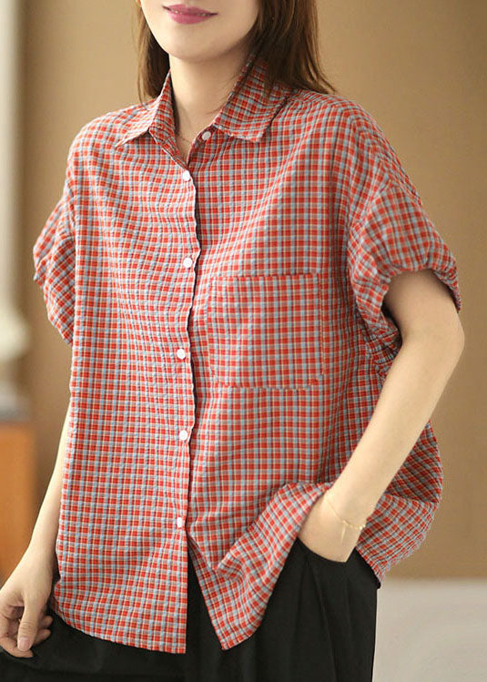 Red Peter Pan Collar Plaid Button Cotton Shirts Lantern Sleeve