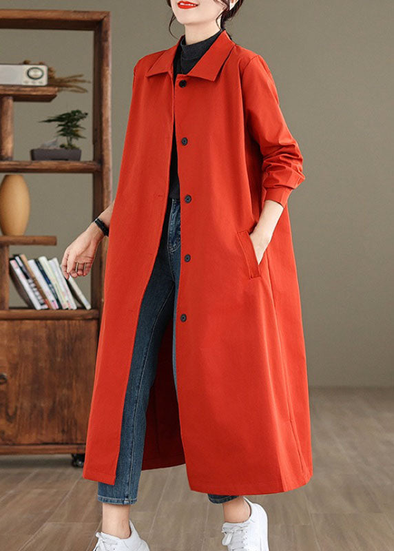 Red Peter Pan Collar Pockets Long Trench Coat Long Sleeve