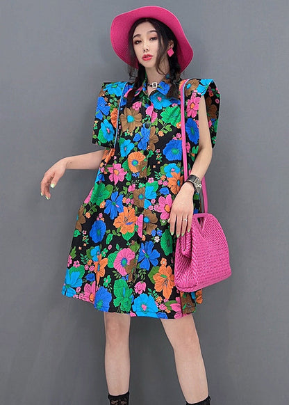 Red Peter Pan Collar Print Button Mid Dress Short Sleeve