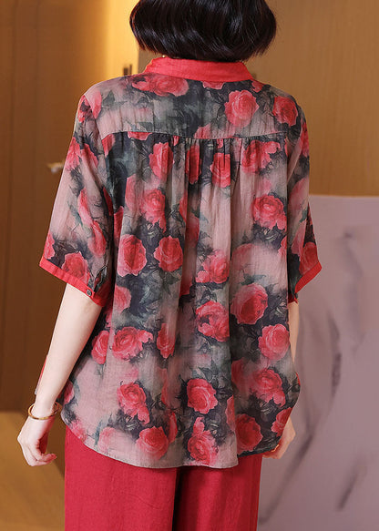 Red Peter Pan Collar Print Button Patchwork Linen Top Summer
