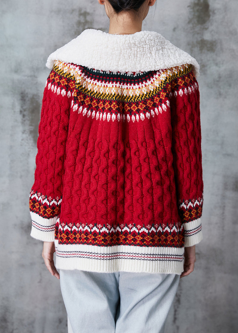 Red Peter Pan Collar Print Knit Cardigan Spring