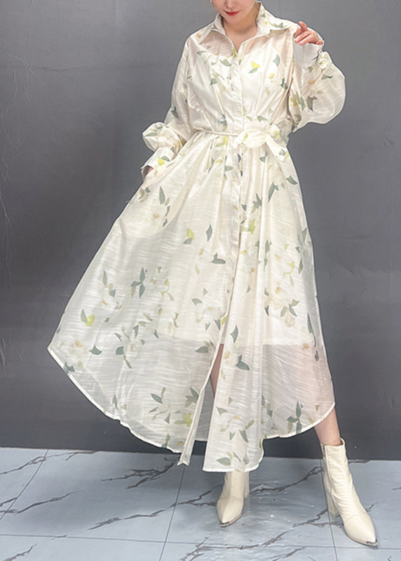Red Peter Pan Collar Print Tie Waist Vacation Long Dresses Spring