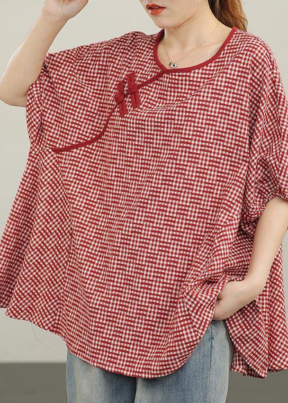 Red Plaid Batwing Sleeve Cotton Summer Blouses