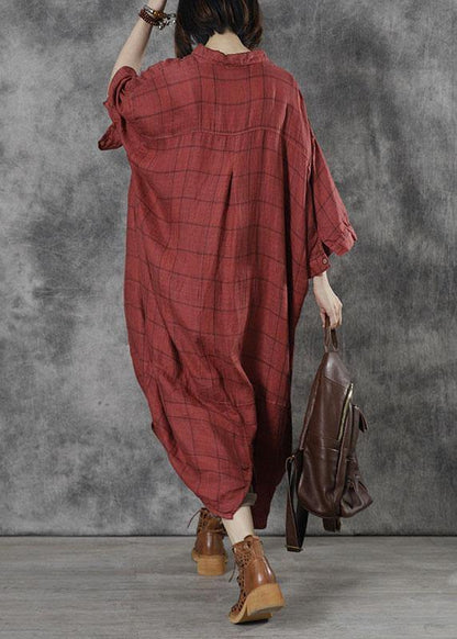 Red Plaid Pockets Patchwork Fall Three Quarter Sleeve Dresses