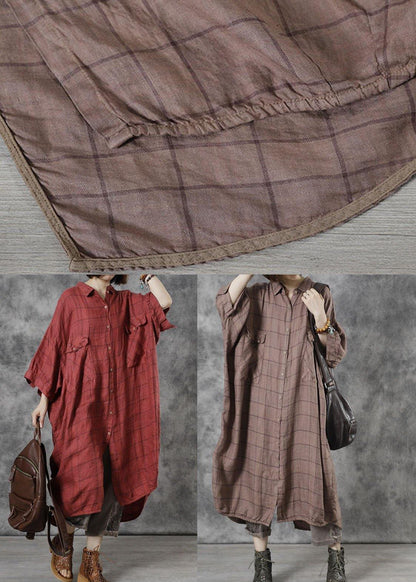 Red Plaid Pockets Patchwork Fall Three Quarter Sleeve Dresses