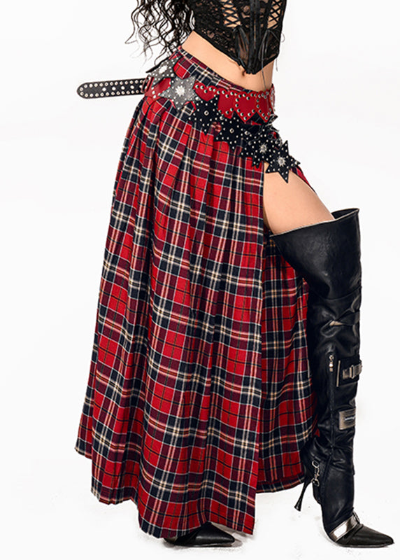 Red Plaid Side Open Maxi Skirts Summer