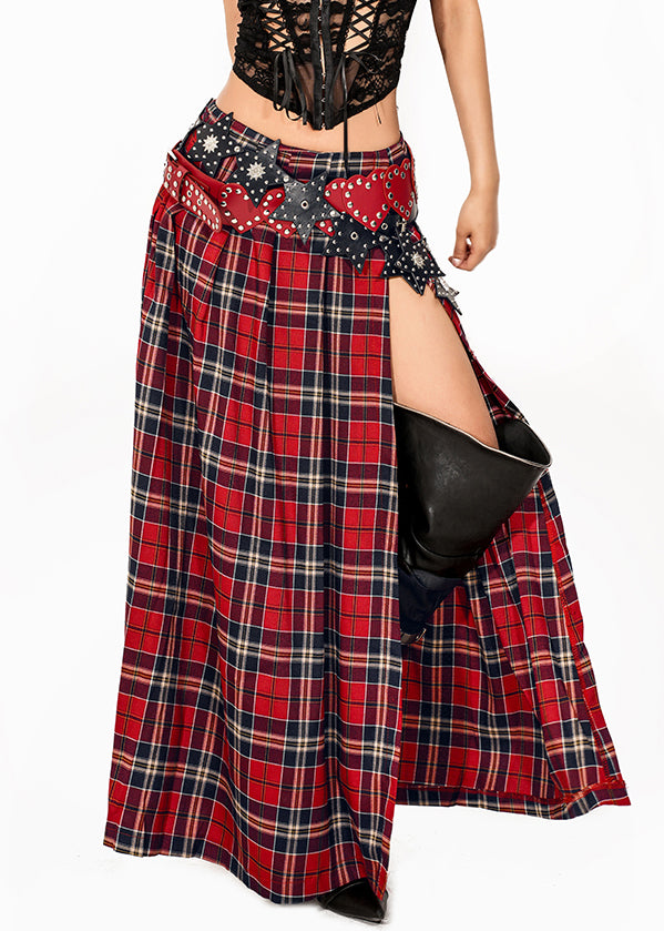 Red Plaid Side Open Maxi Skirts Summer