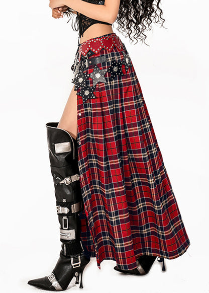 Red Plaid Side Open Maxi Skirts Summer