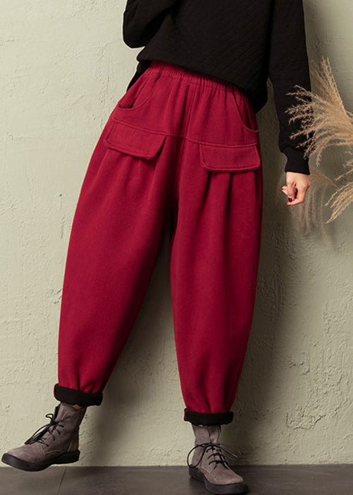 Red Pockets High Waist Cotton Pants Spring