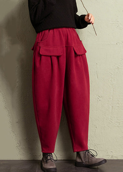 Red Pockets High Waist Cotton Pants Spring