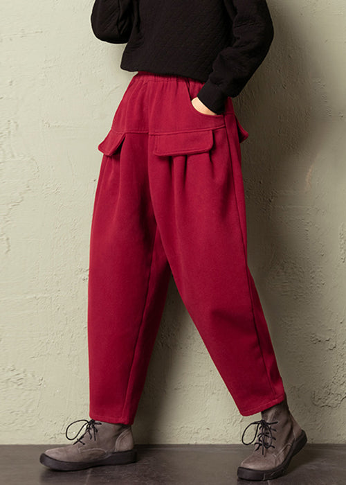 Red Pockets High Waist Cotton Pants Spring