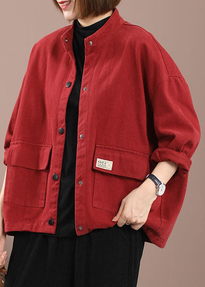 Red Pockets Patchwork Denim Jackets Spring