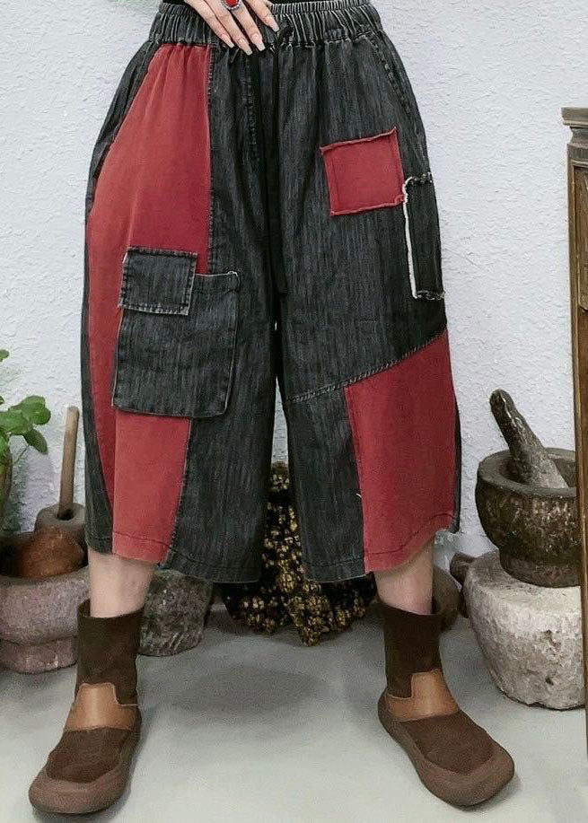 Red Pockets Patchwork Denim Wide Leg Pants Summer