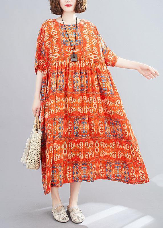 Red Pockets Print Holiday Dress O Neck Cotton Dress