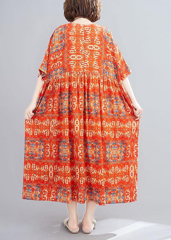 Red Pockets Print Holiday Dress O Neck Cotton Dress