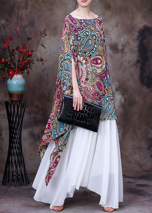 Red Print Asymmetrical Design Chiffon Top Batwing Sleeve