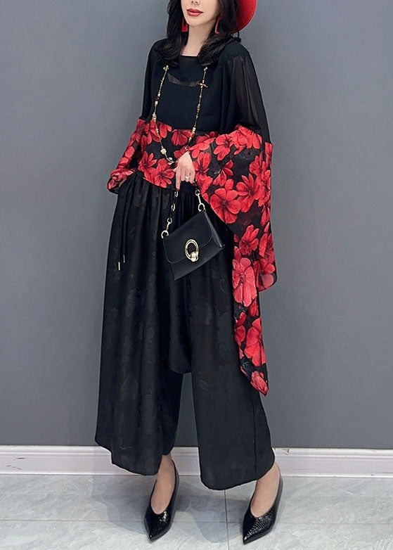 Red Print Asymmetrical Patchwork Chiffon Blouses Batwing Sleeve