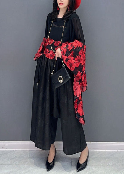Red Print Asymmetrical Patchwork Chiffon Blouses Batwing Sleeve