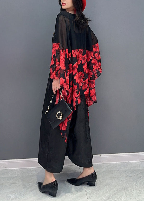 Red Print Asymmetrical Patchwork Chiffon Blouses Batwing Sleeve