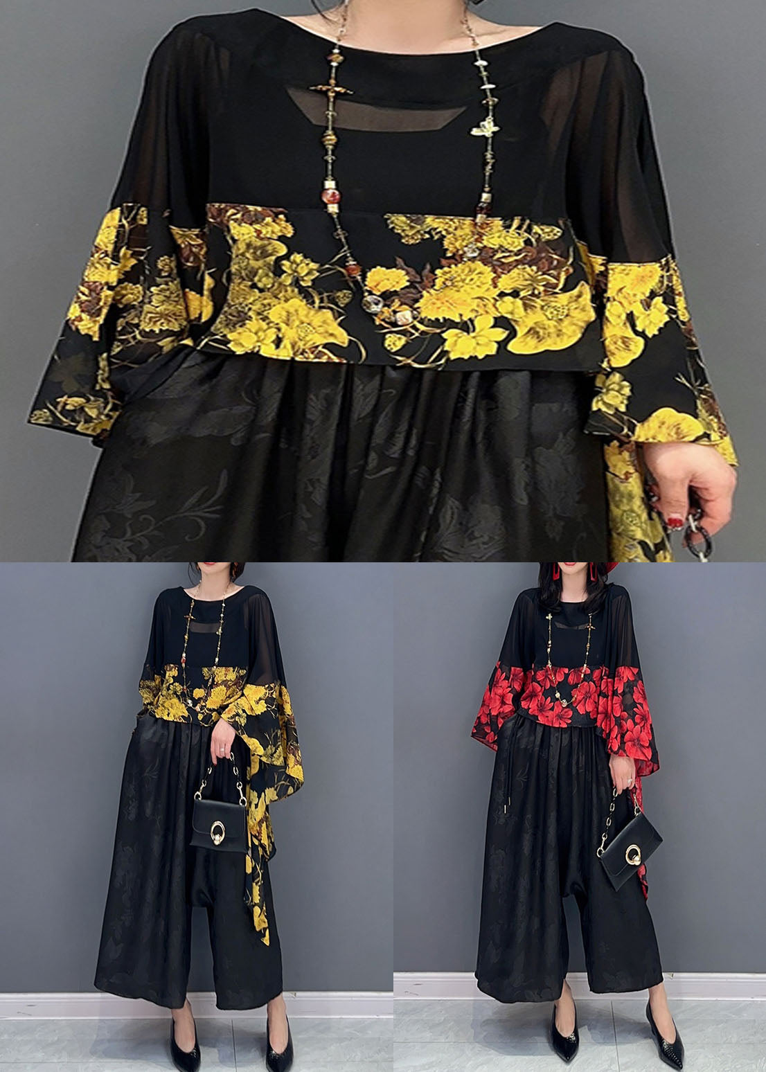 Red Print Asymmetrical Patchwork Chiffon Blouses Batwing Sleeve