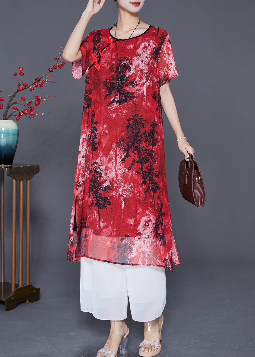 Red Print Chinesebutton Chiffon Vacation Dresses Summer