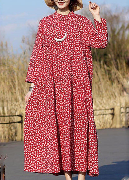 Red Print Clothes for Stand Collar Patchwork Dresses Spring Dresses