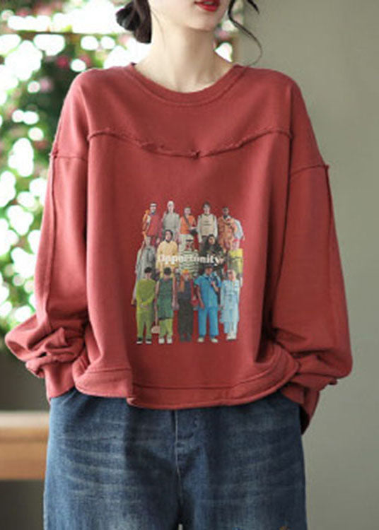 Red Print Cotton Loose Sweatshirts Top Spring