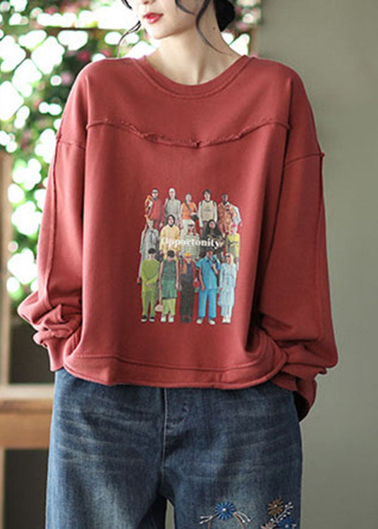Red Print Cotton Loose Sweatshirts Top Spring