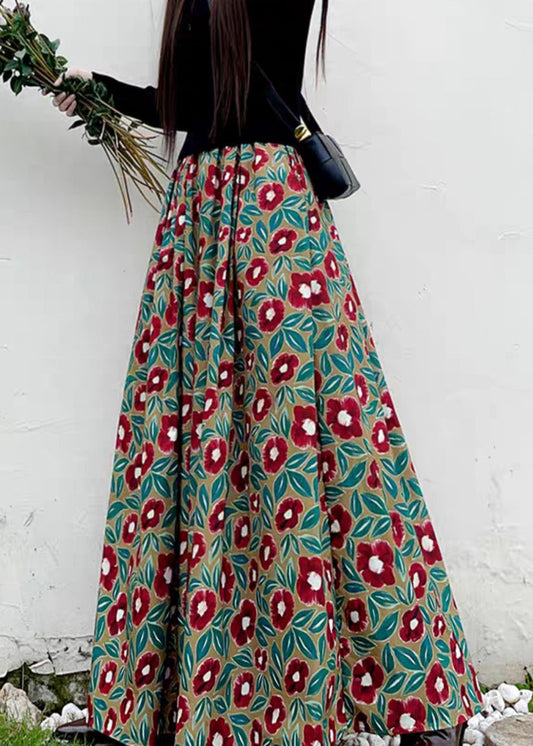 Red Print High Waist Pockets Patchwork Cotton Maxi Skirts Fall
