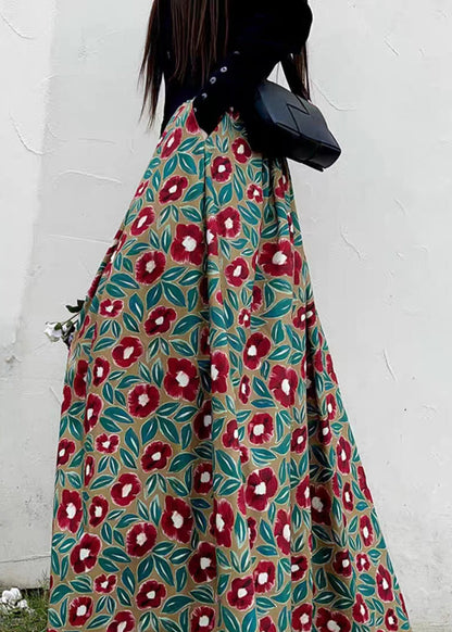 Red Print High Waist Pockets Patchwork Cotton Maxi Skirts Fall