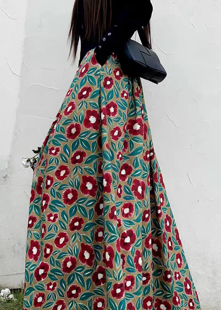 Red Print High Waist Pockets Patchwork Cotton Maxi Skirts Fall