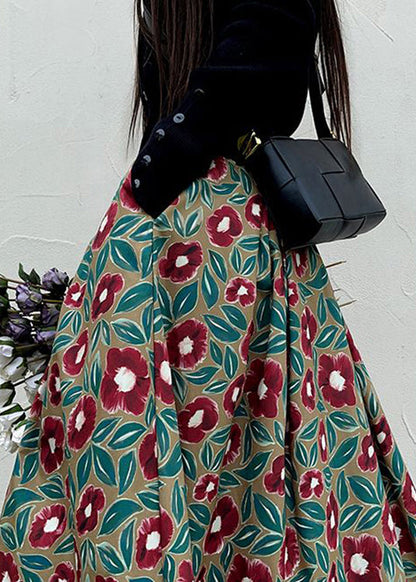 Red Print High Waist Pockets Patchwork Cotton Maxi Skirts Fall