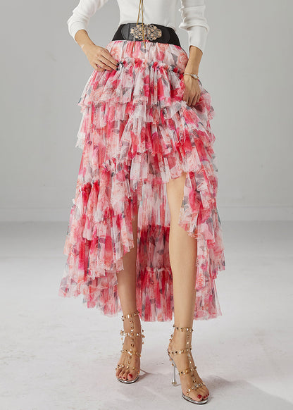 Red Print Low High Design Tulle Skirt Fall