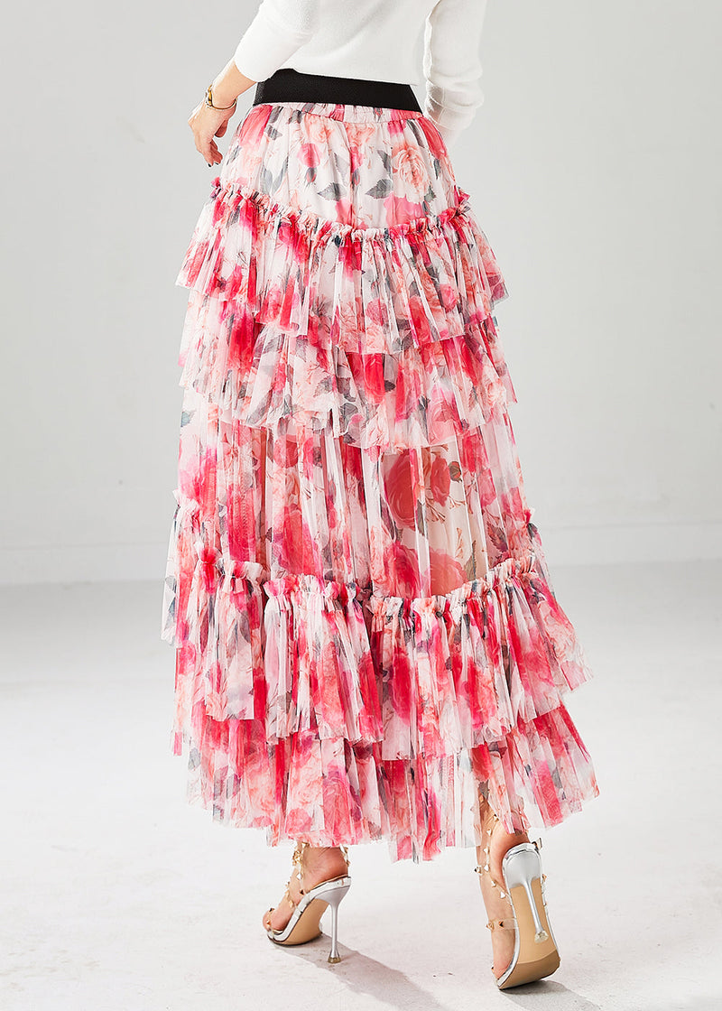 Red Print Low High Design Tulle Skirt Fall