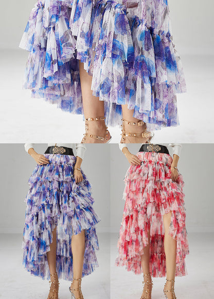 Red Print Low High Design Tulle Skirt Fall