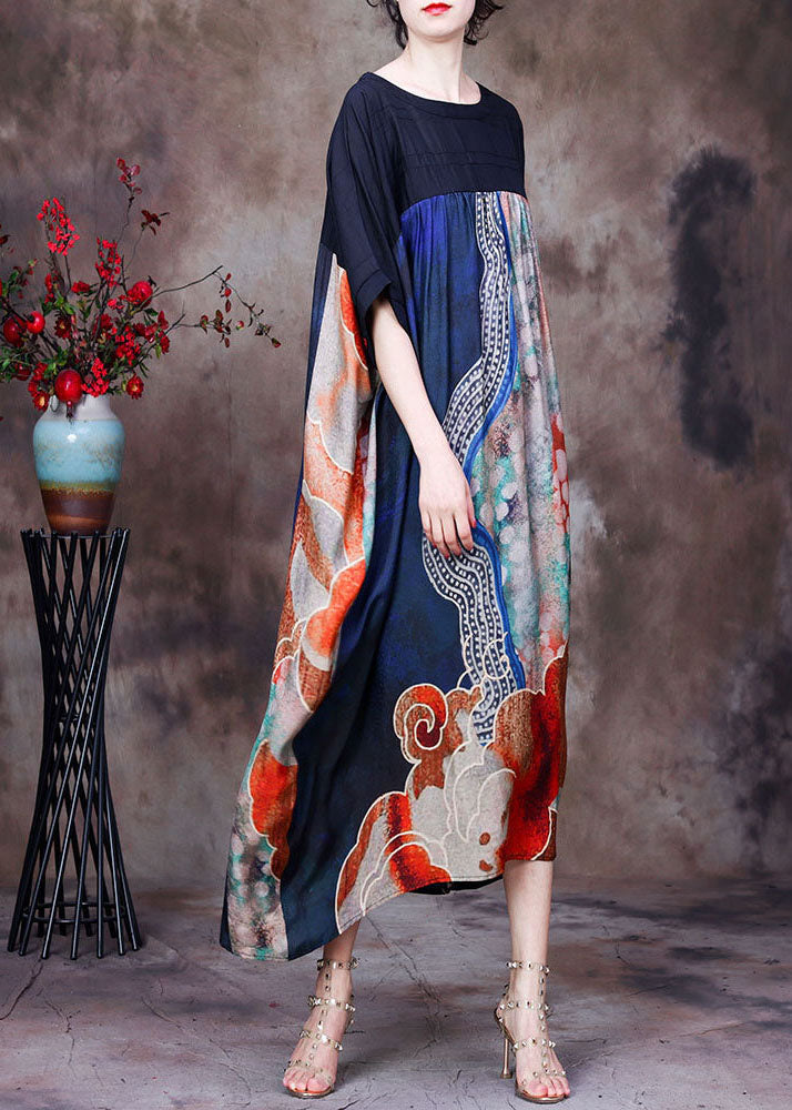 Red Print O-neck Patchwork Silk Loose Long Dress Batwing Sleeve